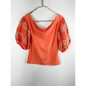 Free People Sz S Coral Rock With It Embroidered Puff Sleeve Off The Shoulder